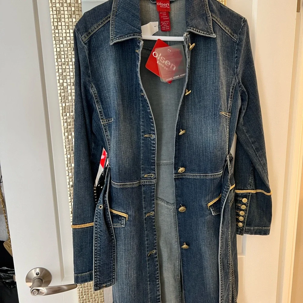 OLSEN EUROPE BLUE AND GOLD DENIM TRENCH COAT… SIZE 38… NEW WITH TAGS. - Picture 13 of 16